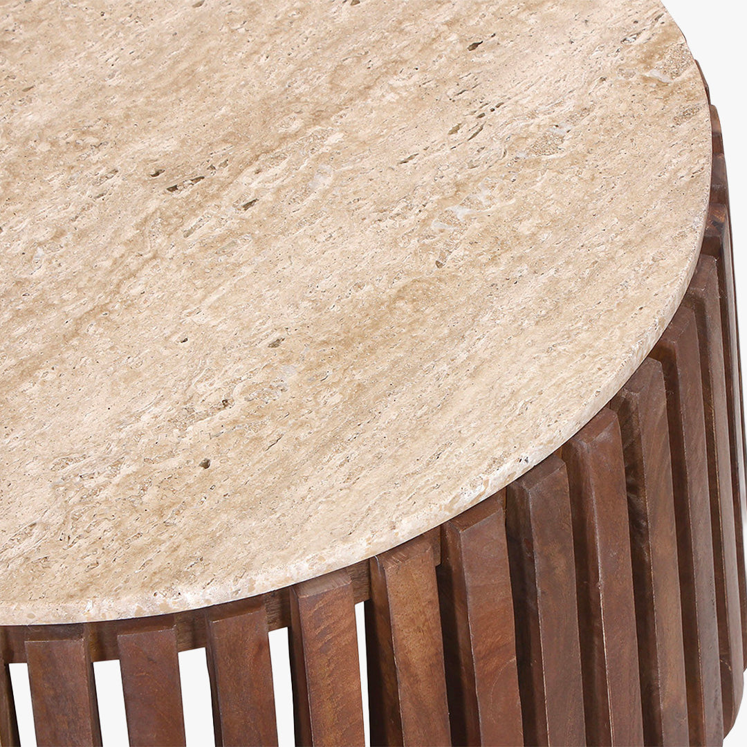 LUUK Table basse en travertin et bois de manguier 70 cm