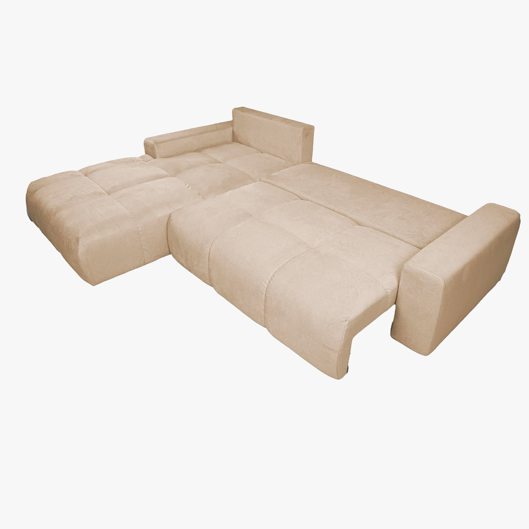LYGIE Canapé d'angle convertible avec coffre en velours beige - Angle gauche