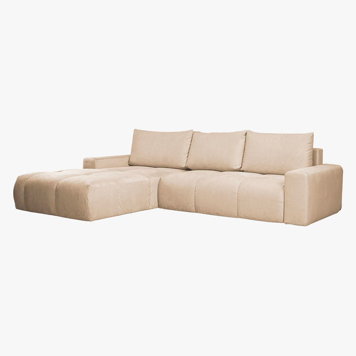 LYGIE Canapé d'angle convertible avec coffre en velours beige - Angle gauche