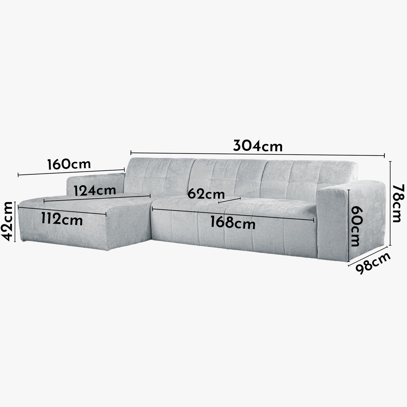 CYNDA Canapé d'angle en tissu capitonné gris - Angle gauche