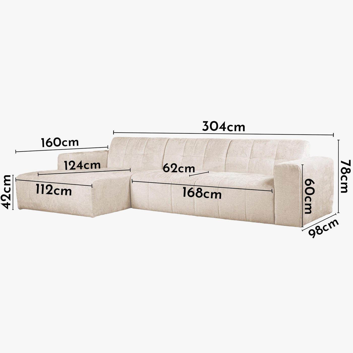 CYNDA Canapé d'angle en tissu capitonné beige - Angle gauche
