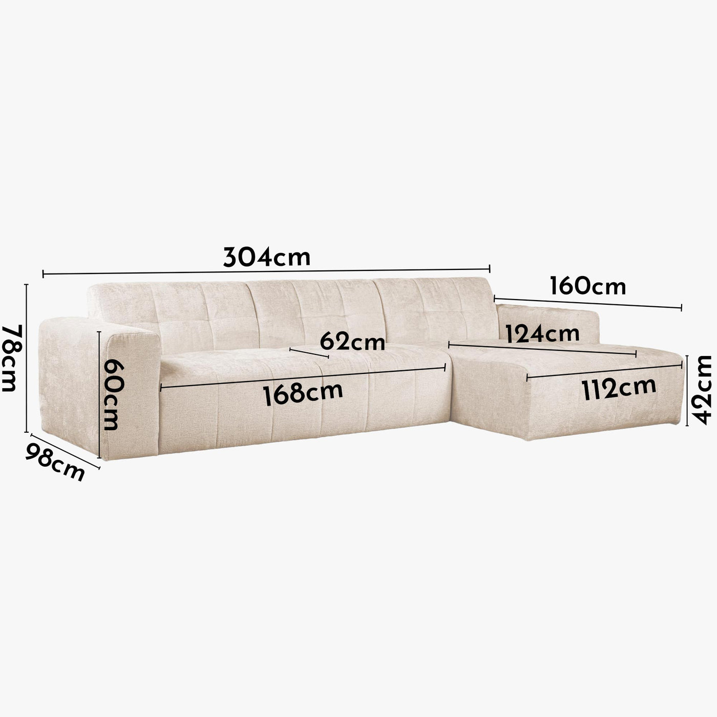 CYNDA Canapé d'angle en tissu capitonné beige - Angle droit