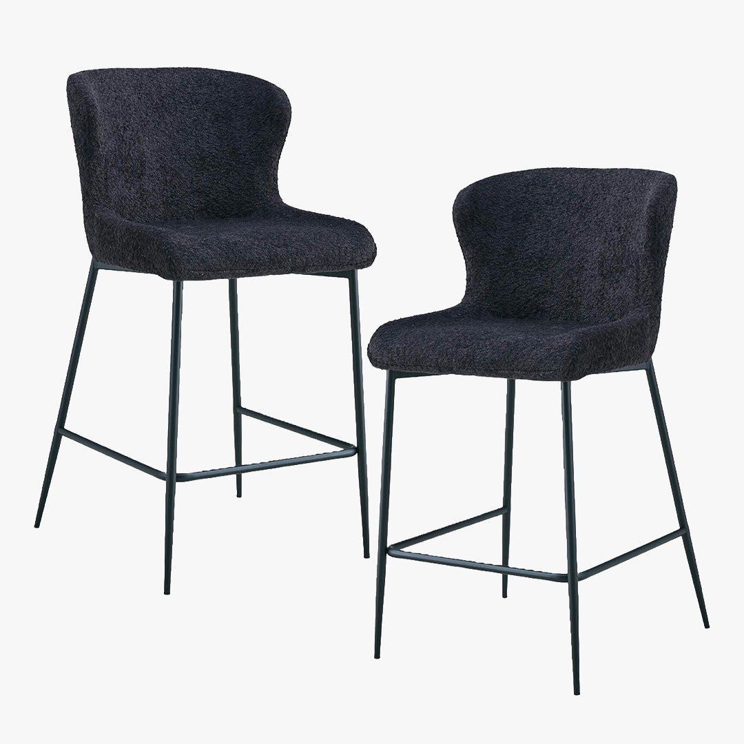 AZEL Lot de 2 tabourets tissu bouclette gris anthracite piètement métal noir
