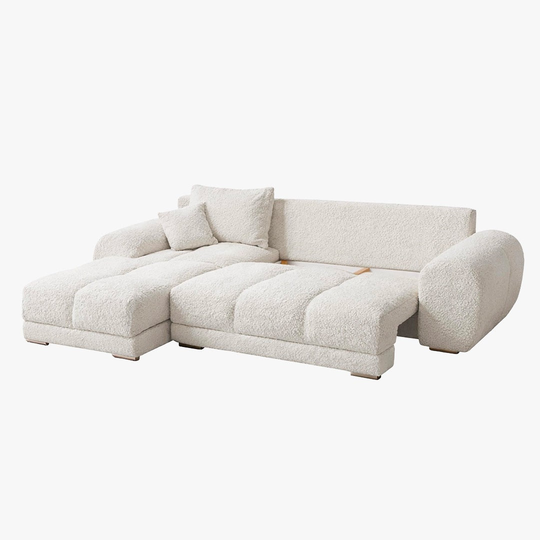 KAMILIA Canapé d'angle convertible avec coffre en tissu beige - Angle gauche