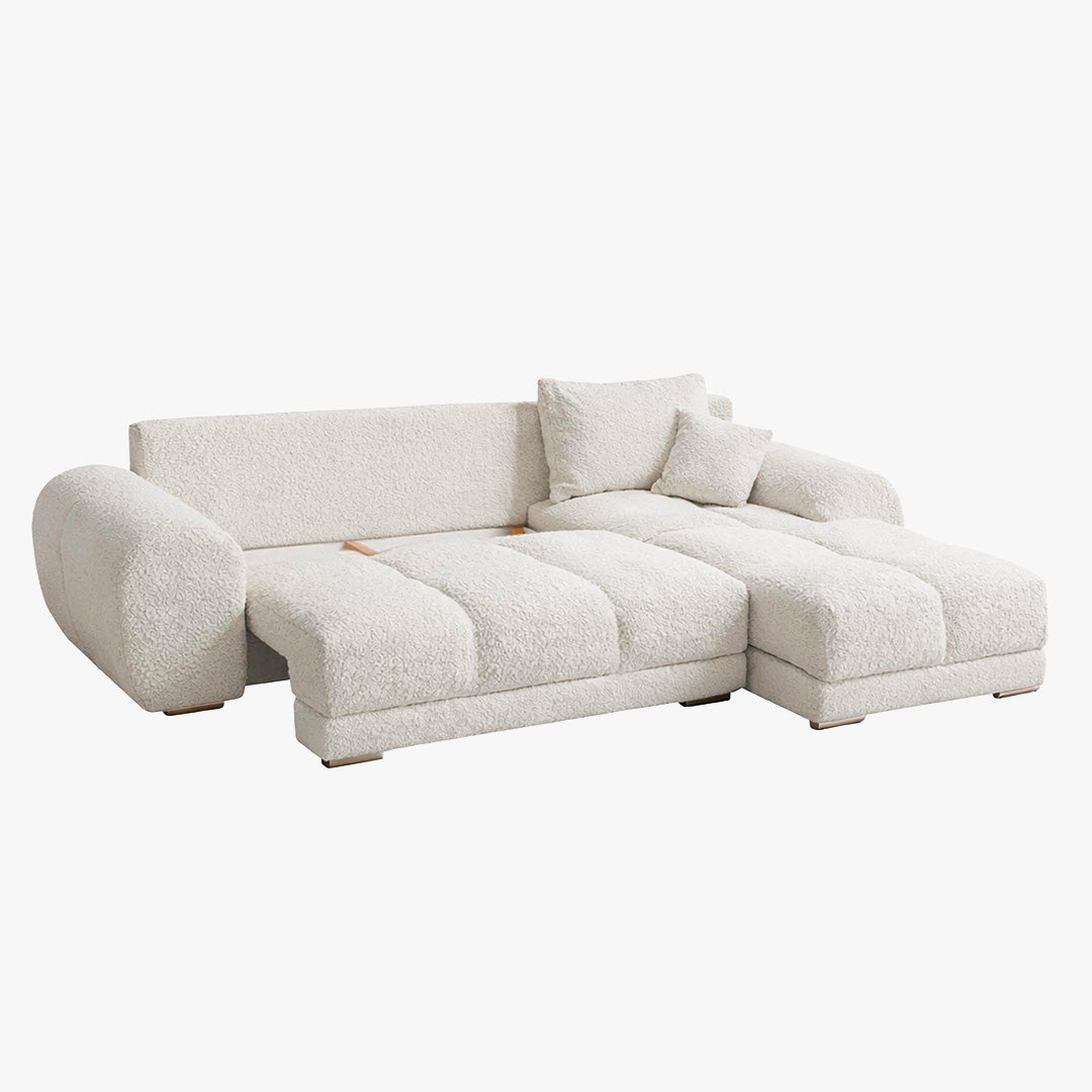 KAMILIA Canapé d'angle convertible avec coffre en tissu beige - Angle droit