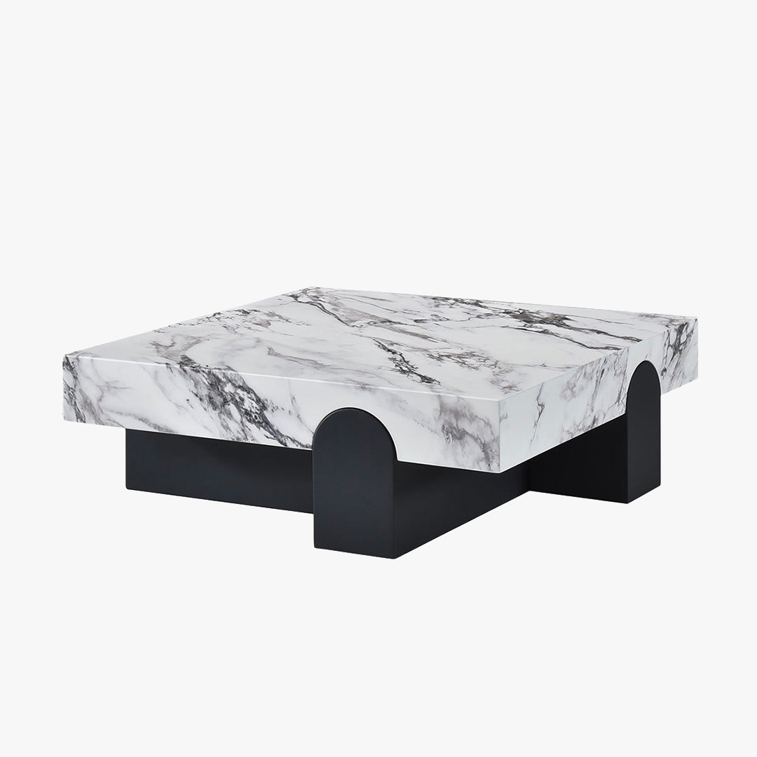RUYA Table basse carrée marbre d'ingénierie blanc socle noir
