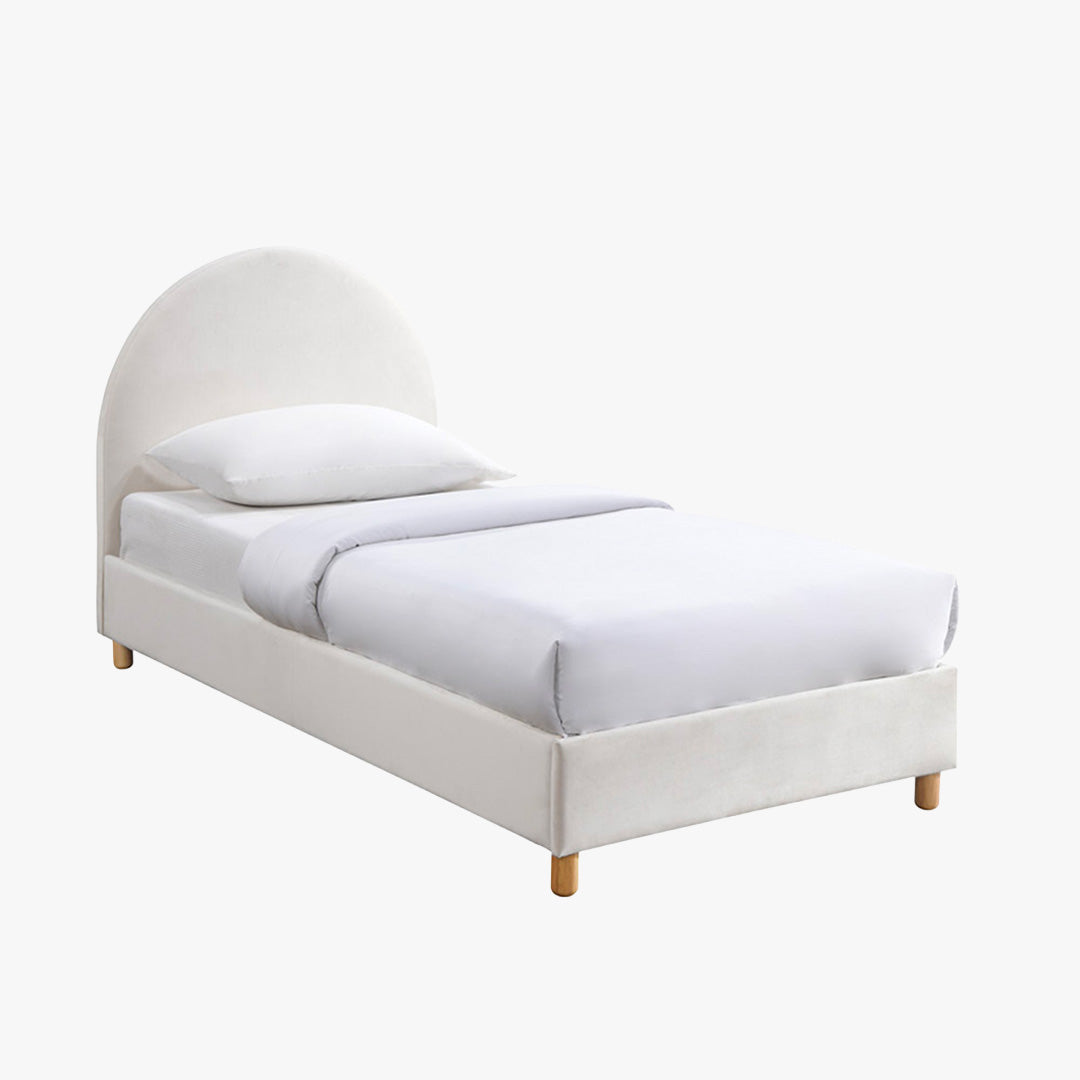 LYS Lit simple en velours blanc écru pieds en bois 90x190 cm