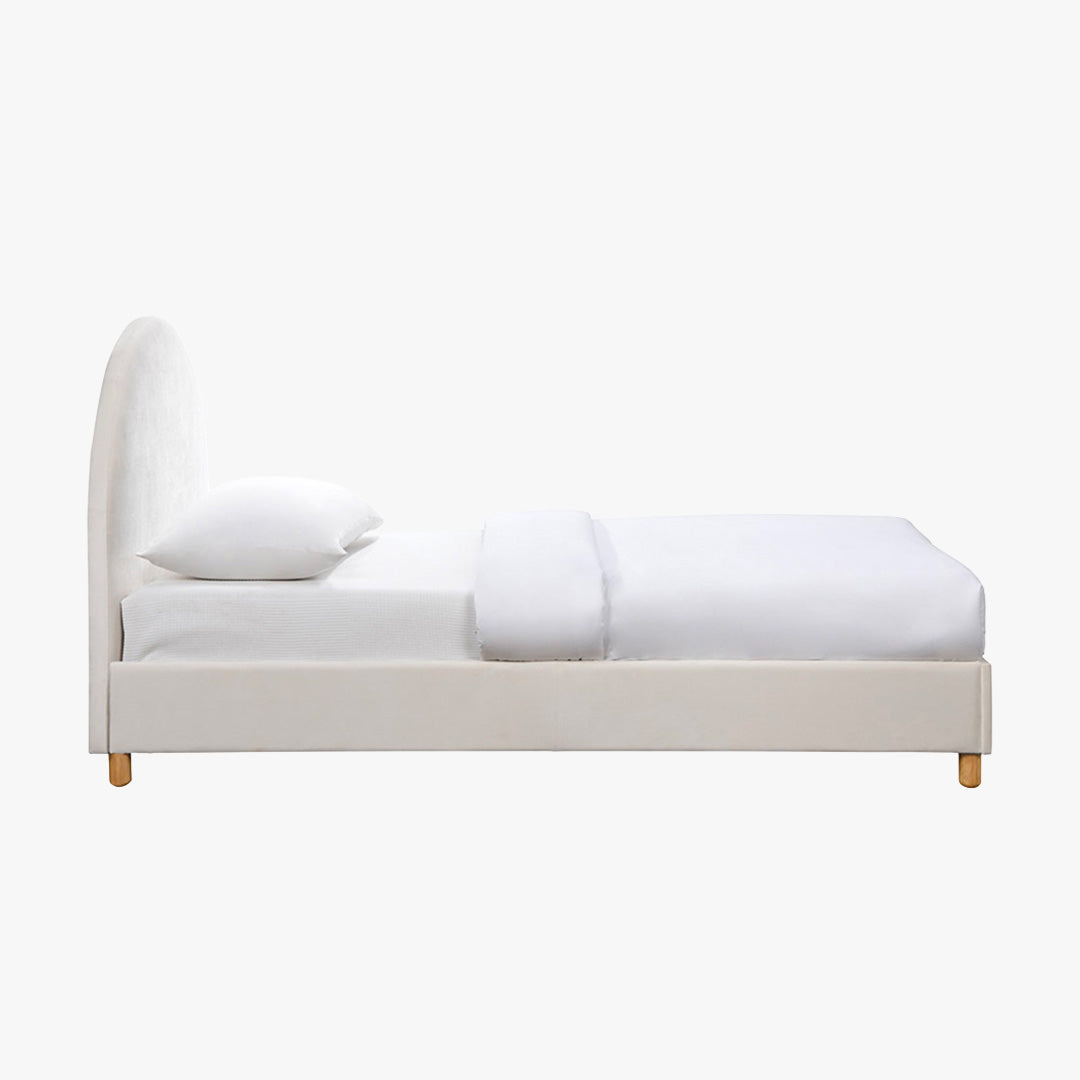 LYS Lit simple en velours blanc écru pieds en bois 90x190 cm