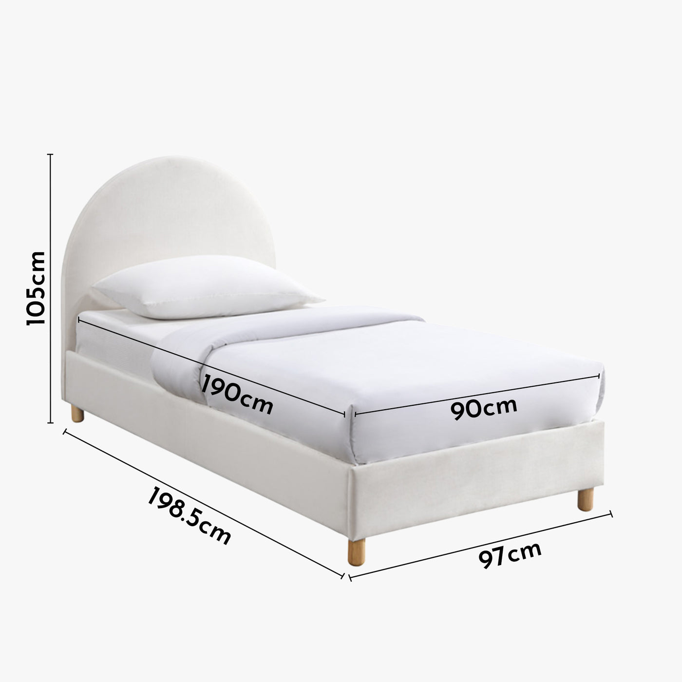LYS Lit simple en velours blanc écru pieds en bois 90x190 cm