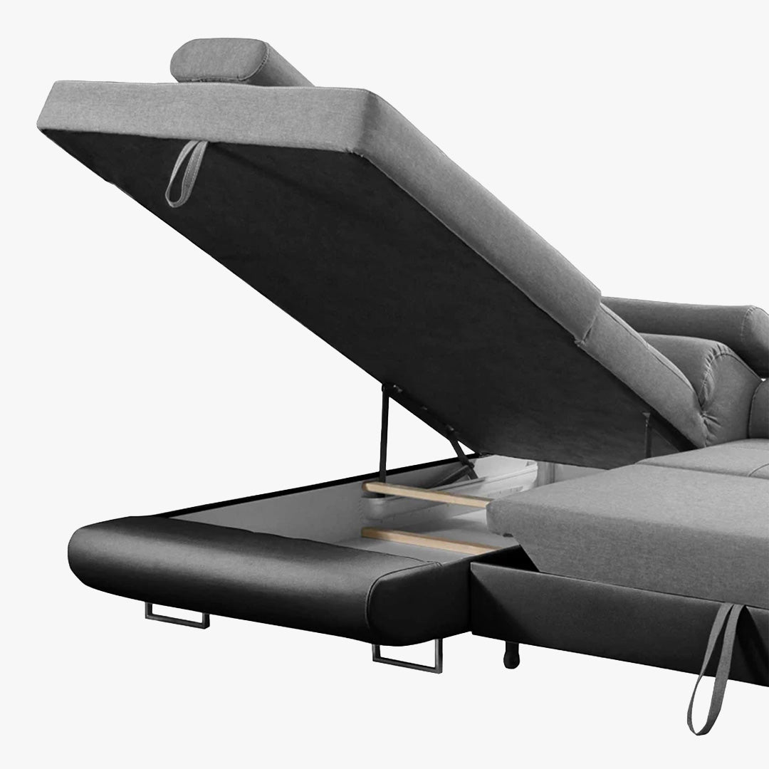 AUBIN Canapé d'angle convertible gris et noir coffre de rangement - Angle Gauche