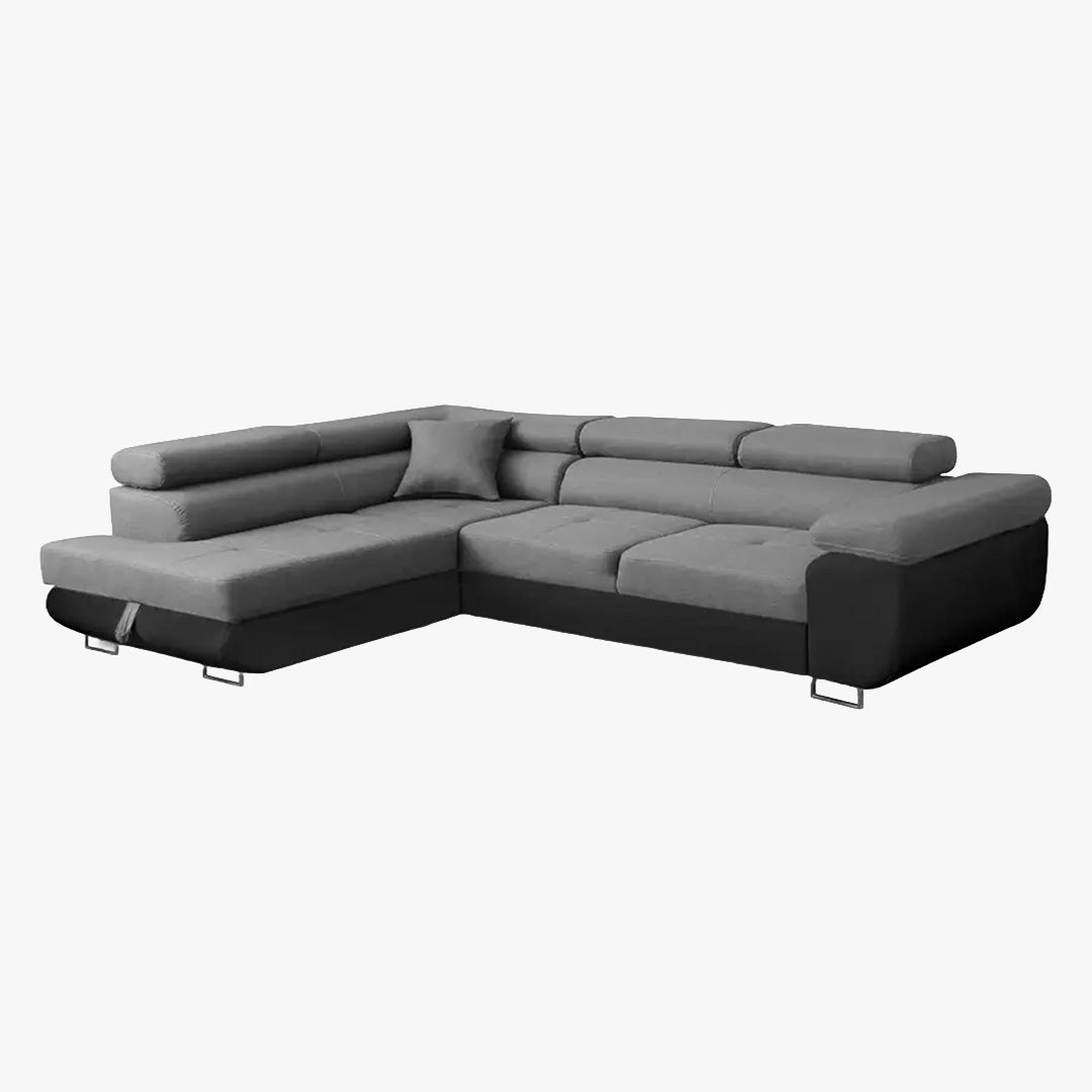 AUBIN Canapé d'angle convertible gris et noir coffre de rangement - Angle Gauche