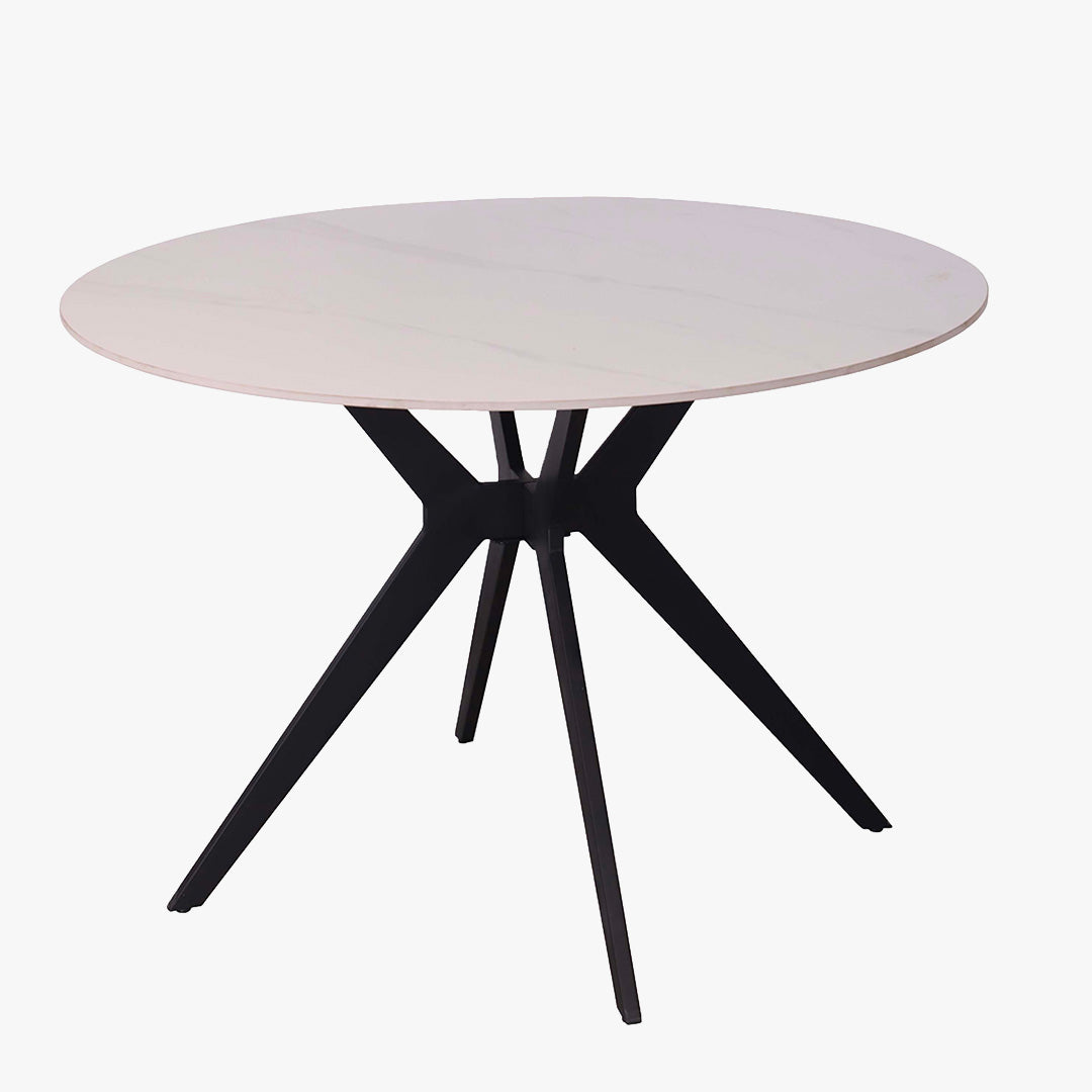 MONNA Table à manger ronde pierre frittée blanc piètement en métal noir