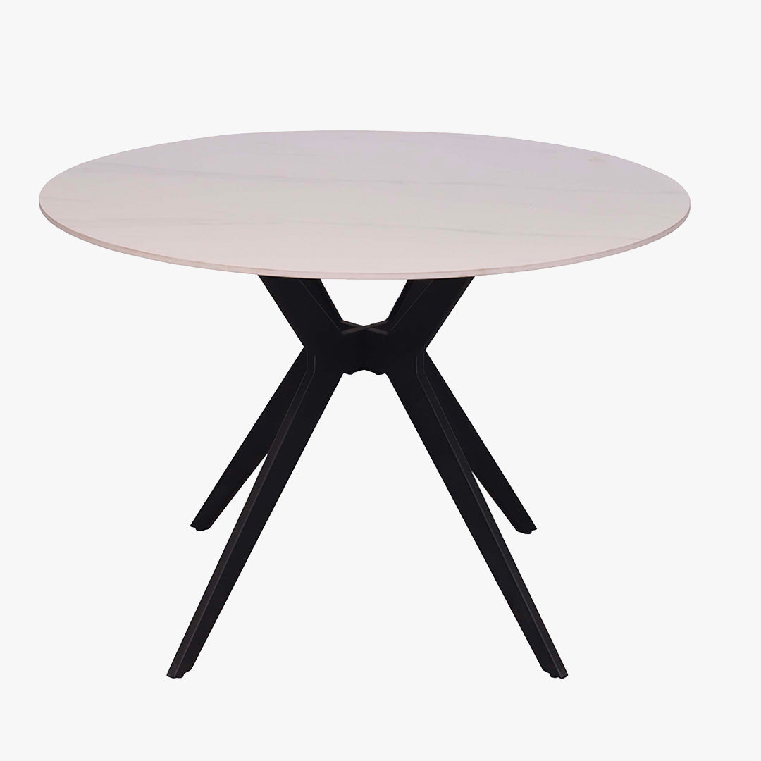 MONNA Table à manger ronde pierre frittée blanc piètement en métal noir