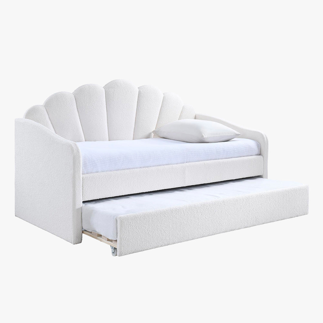 QUEEN Lit gigogne en tissu bouclette blanc écru 90x190 cm
