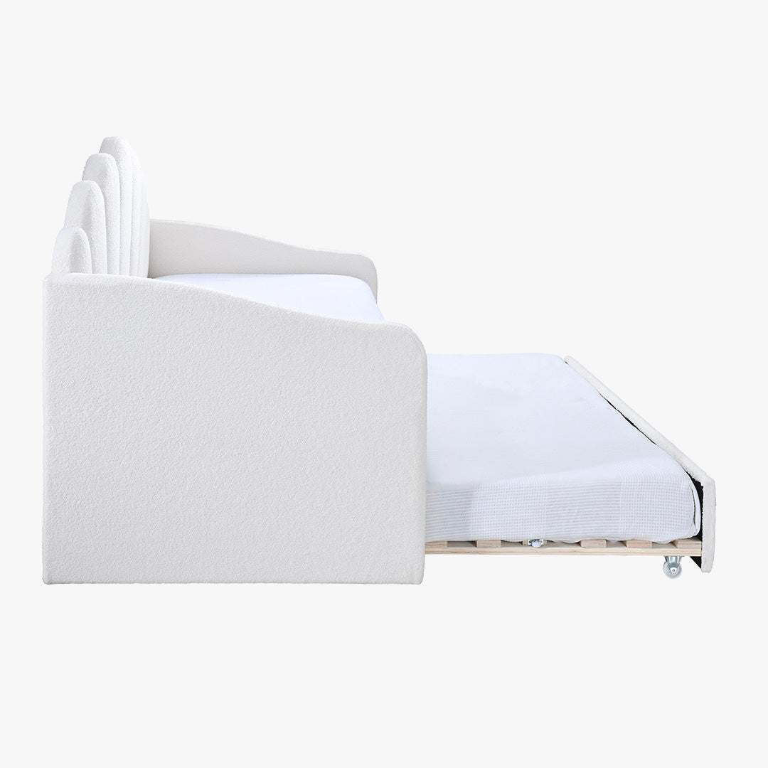 QUEEN Lit gigogne en tissu bouclette blanc écru 90x190 cm