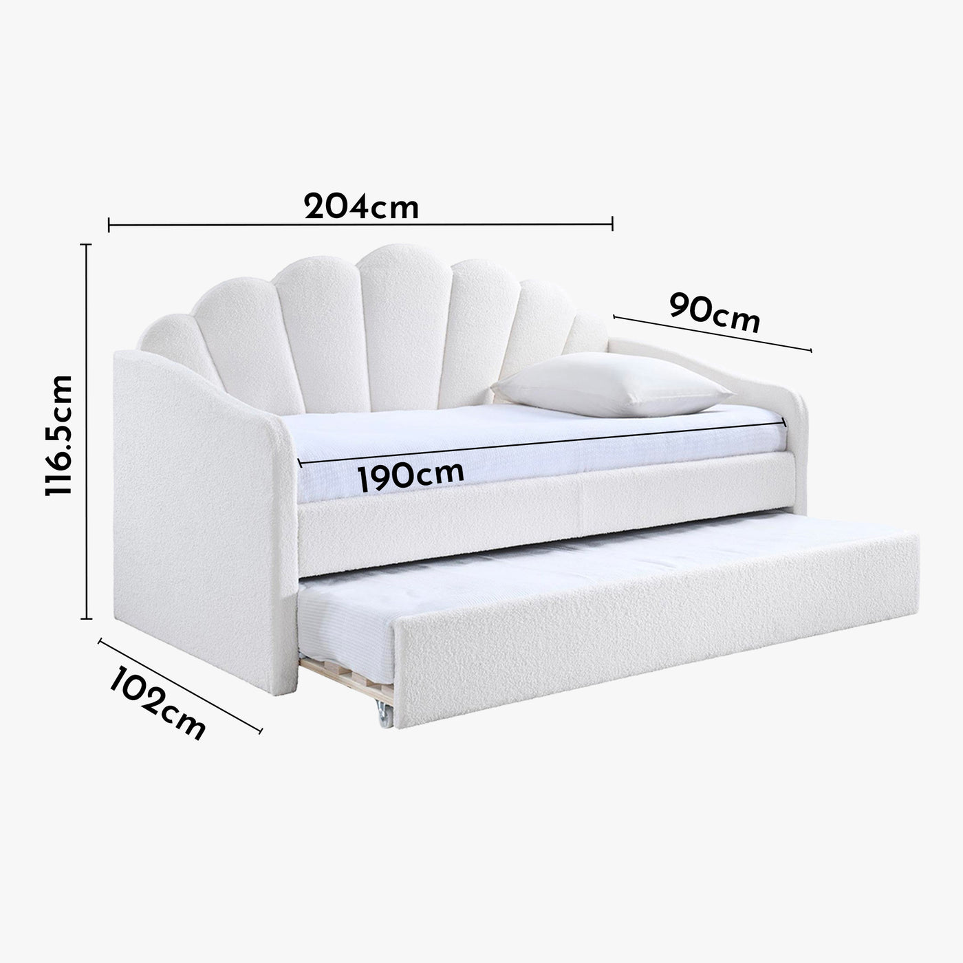 QUEEN Lit gigogne en tissu bouclette blanc écru 90x190 cm