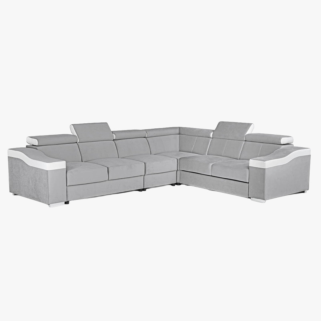 LUCKY Canapé d’angle convertible réversible en tissu velours gris clair et simili cuir blanc