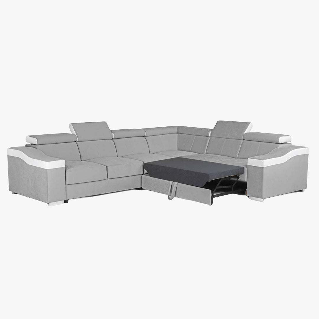 LUCKY Canapé d’angle convertible réversible en tissu velours gris clair et simili cuir blanc