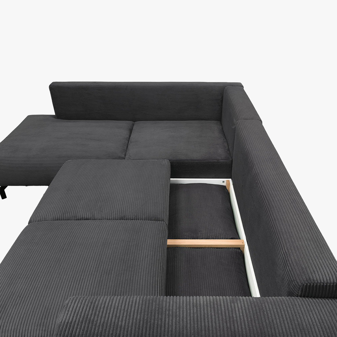 EMILIA Canapé d'angle convertible avec coffre en velours côtelé anthracite - Angle gauche