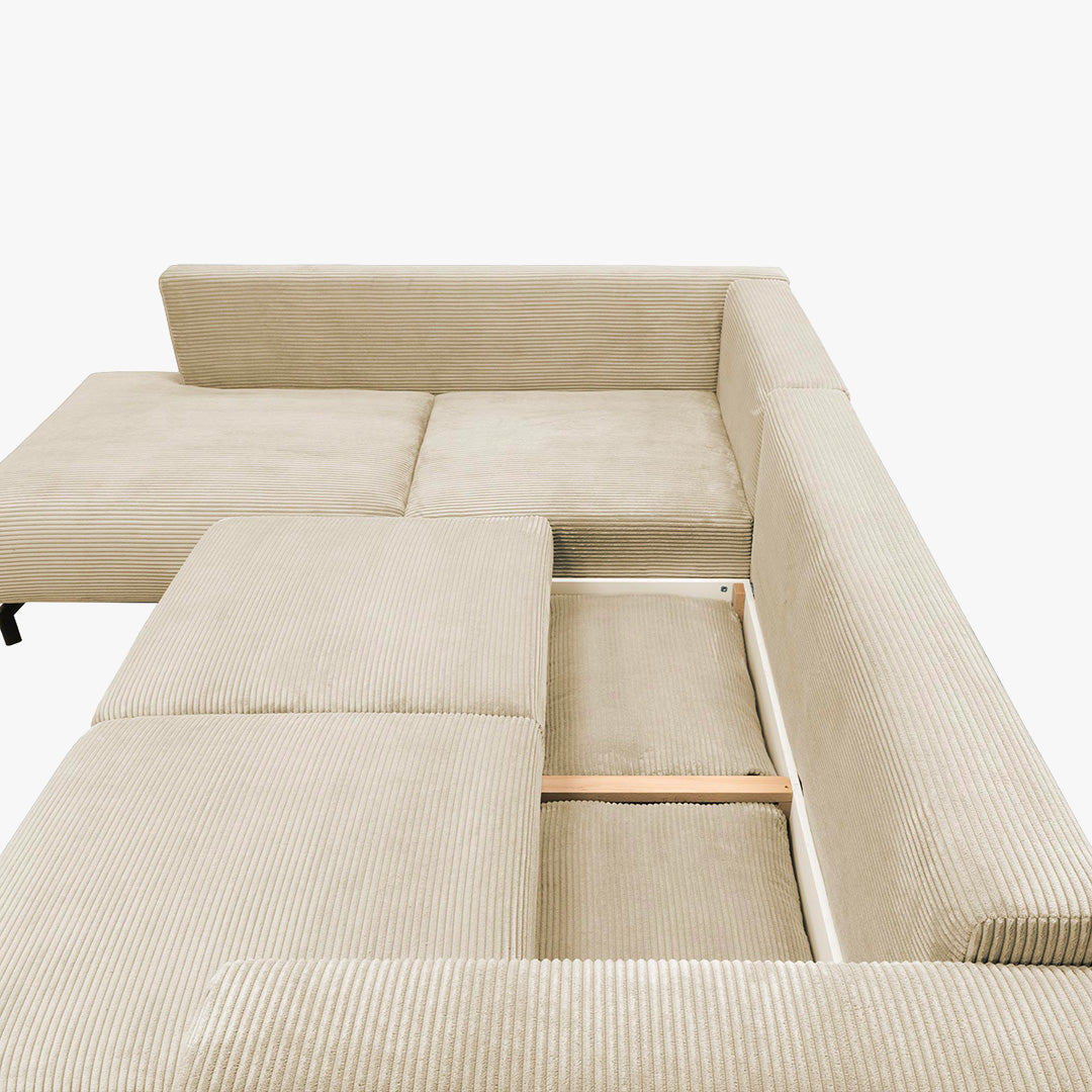 EMILIA Canapé d'angle convertible avec coffre en velours côtelé beige - Angle gauche