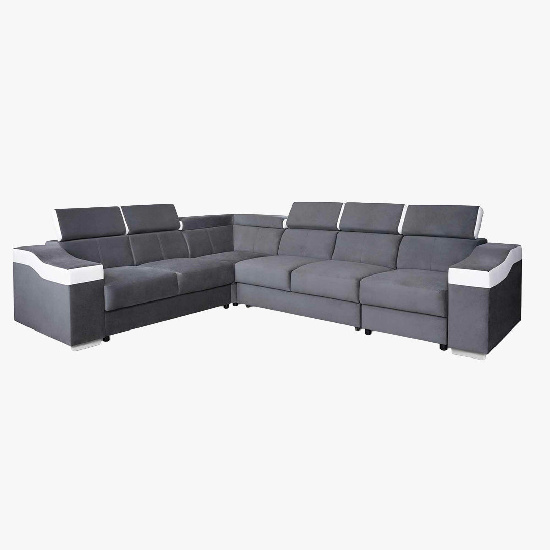 LUCKY Canapé d’angle convertible réversible en tissu velours gris et simili cuir blanc