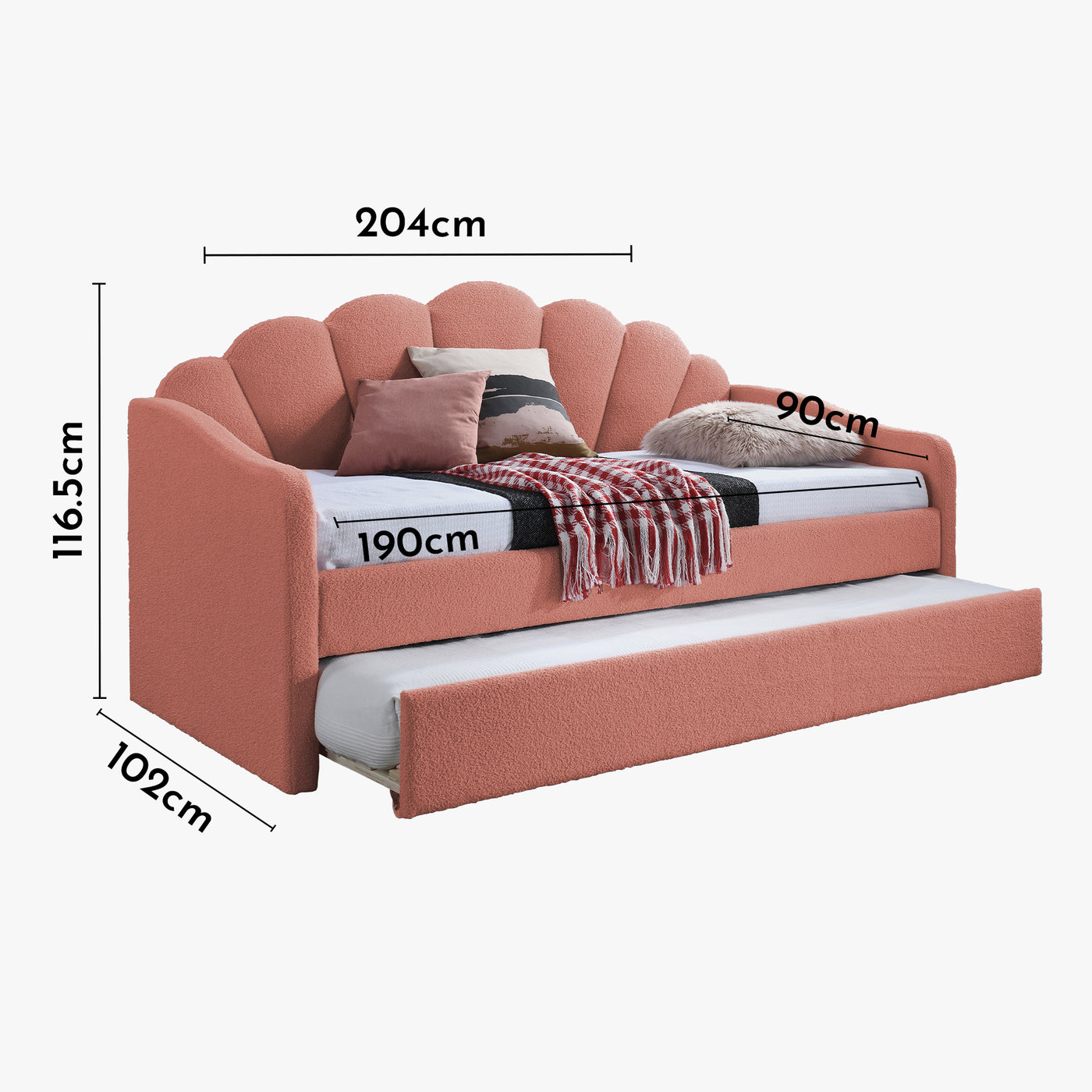 QUEEN Lit gigogne en tissu bouclette rose 90x190 cm