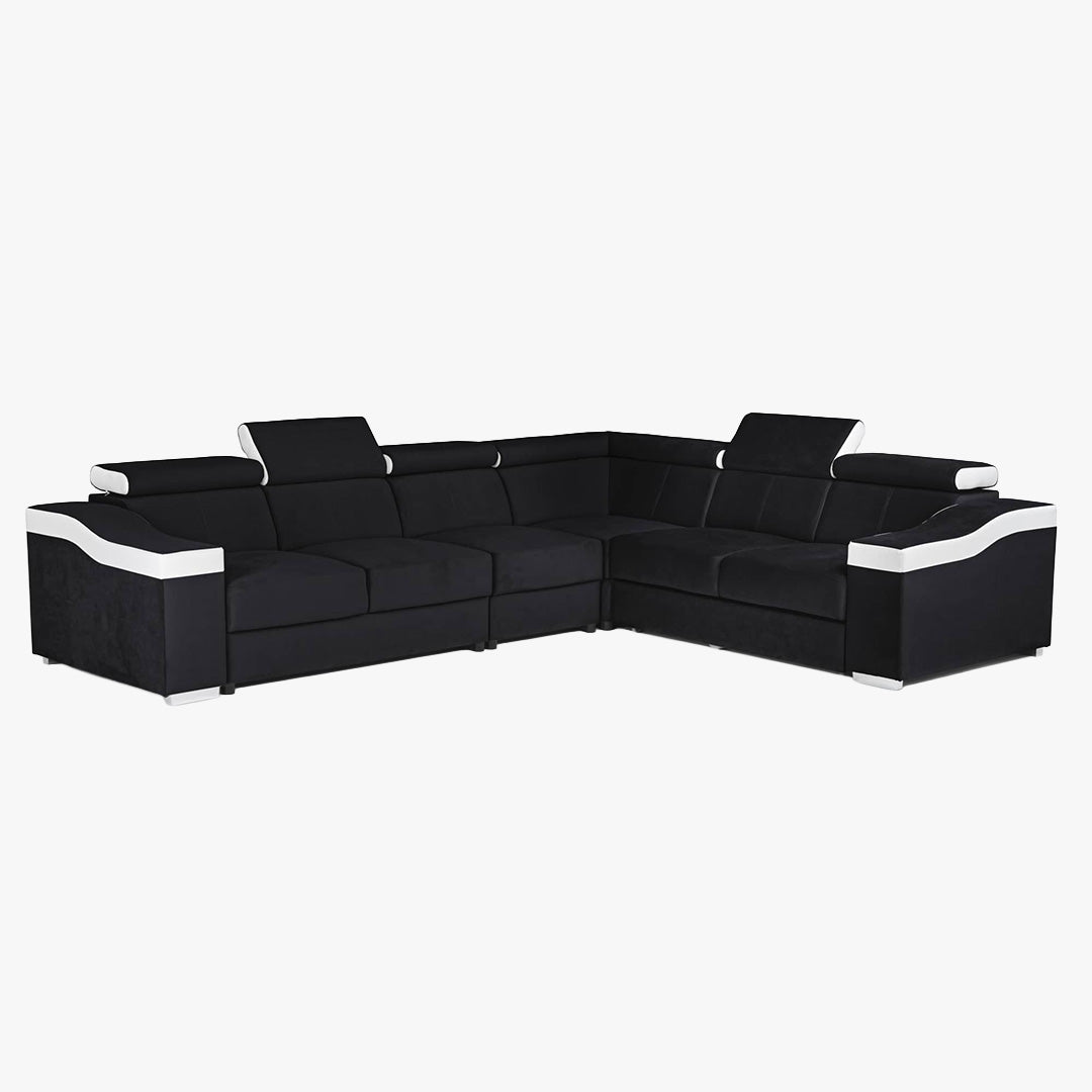 LUCKY Canapé d’angle convertible réversible en tissu noir et simili blanc