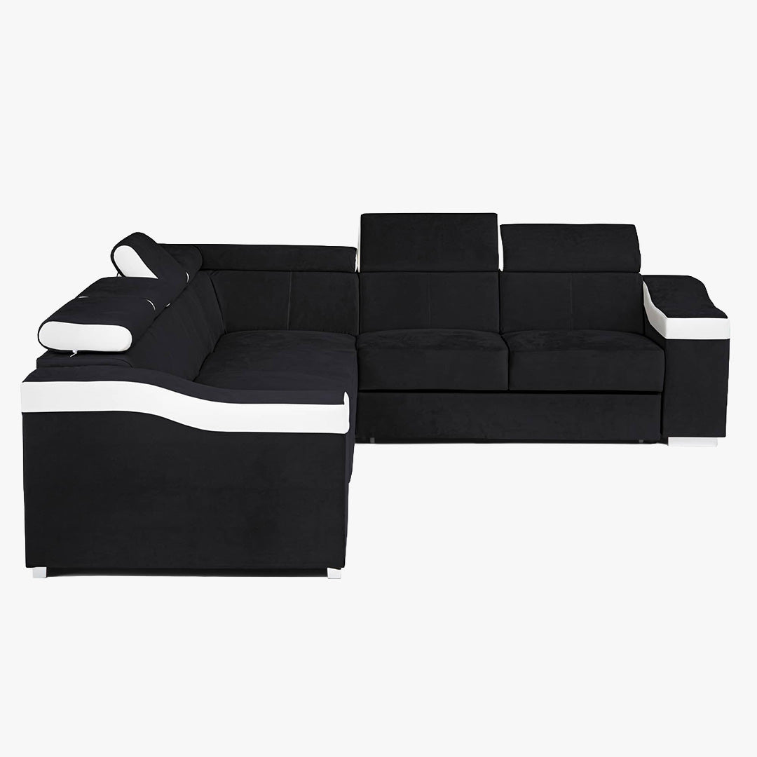 LUCKY Canapé d’angle convertible réversible en tissu noir et simili blanc