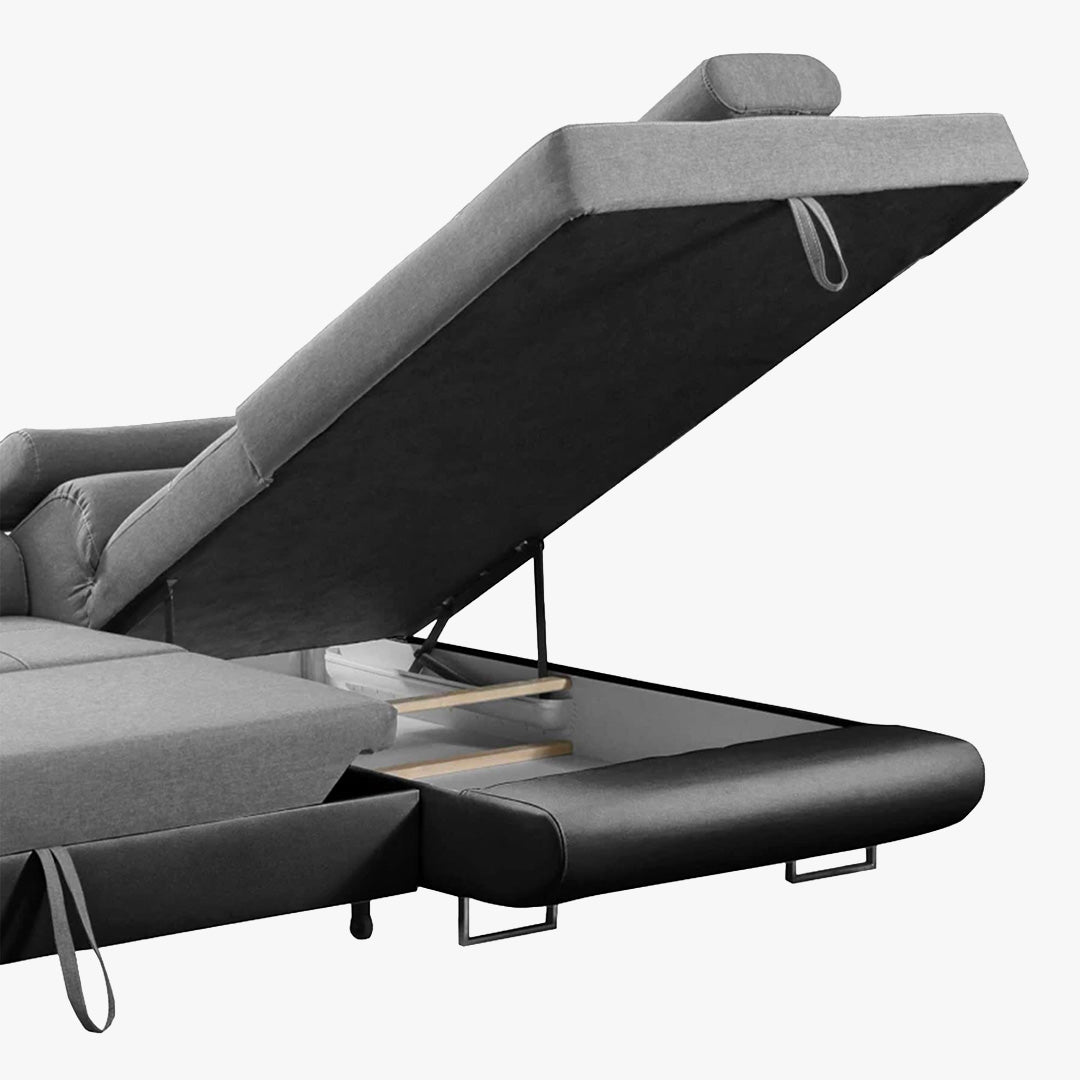 AUBIN Canapé d'angle convertible gris et noir coffre de rangement - Angle Droit