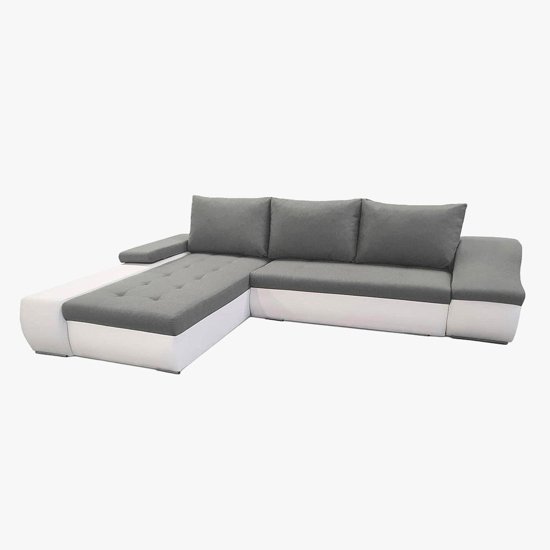 LOHAN Canapé d'angle convertible coffre de rangement gris et blanc - Angle Gauche
