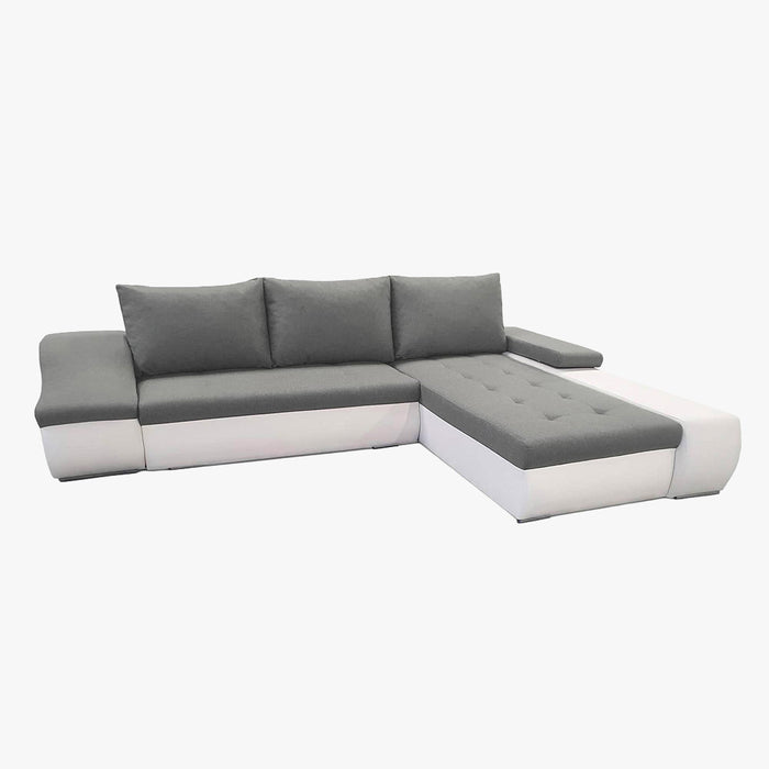 LOHAN Canapé d'angle convertible coffre de rangement gris et blanc - Angle Droit