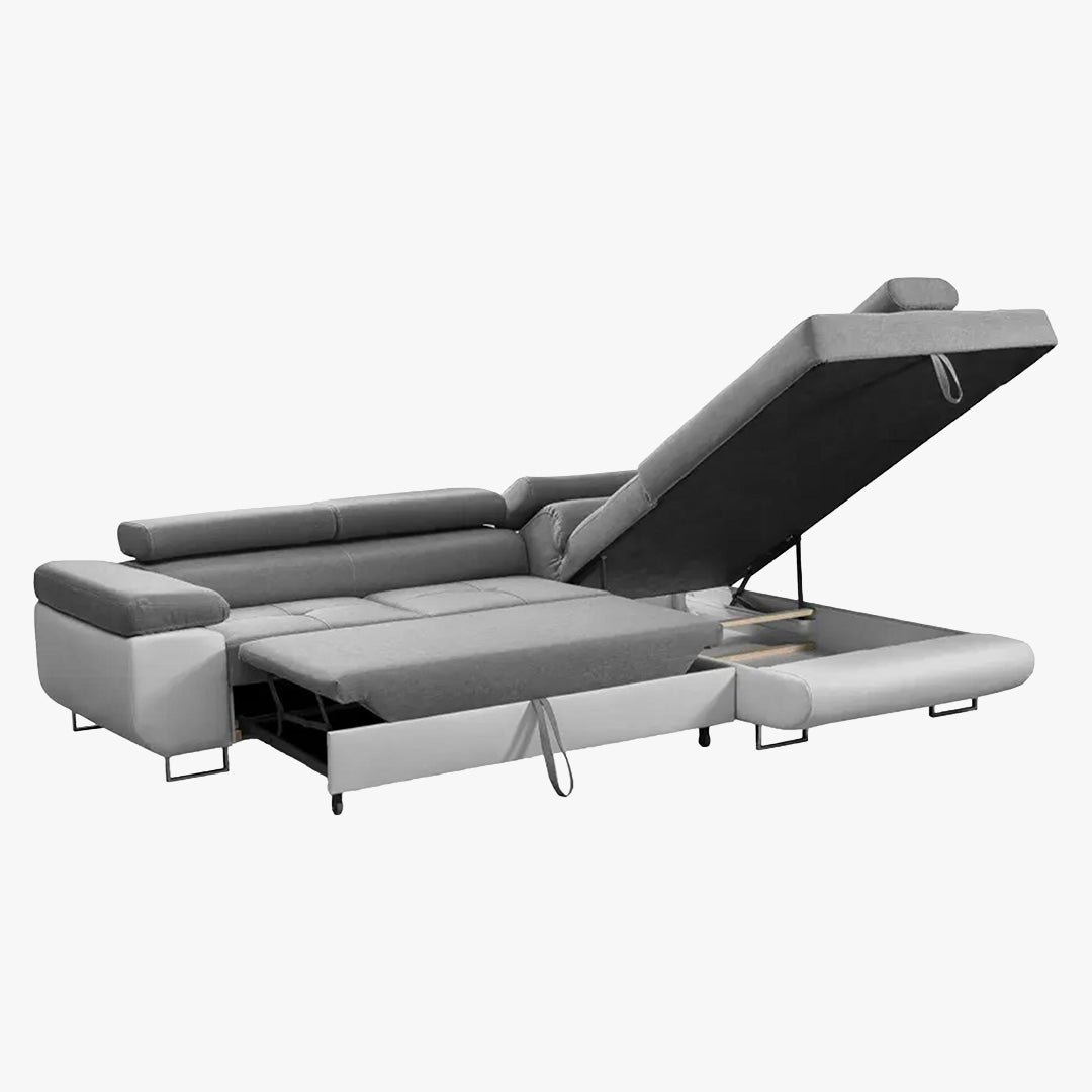 AUBIN Canapé d'angle convertible gris et blanc coffre de rangement - Angle Droit