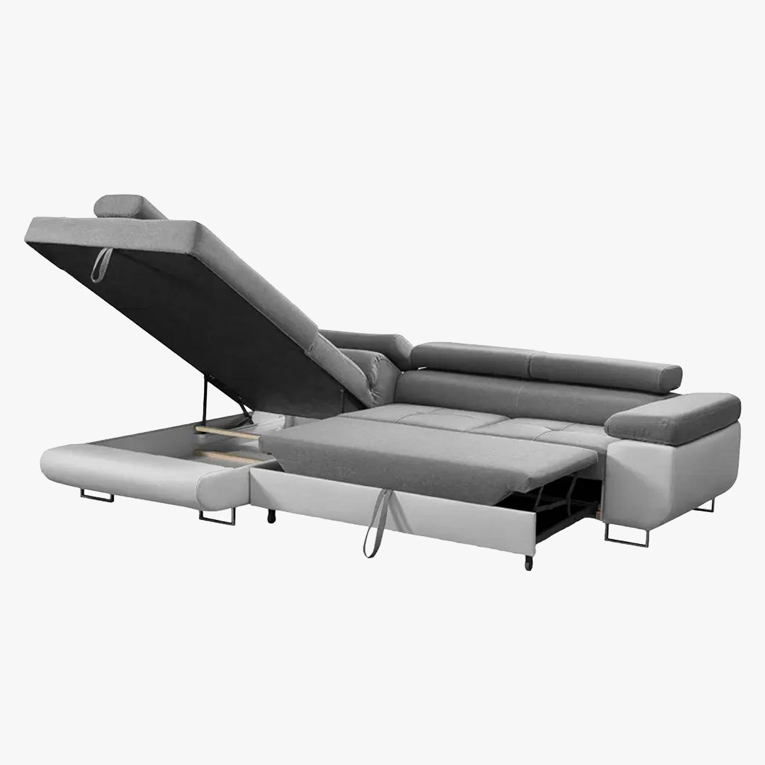 AUBIN Canapé d'angle convertible gris et blanc coffre de rangement - Angle Gauche