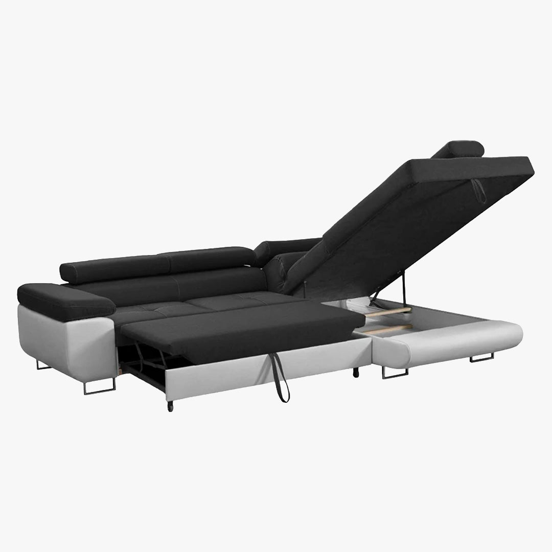 AUBIN Canapé d'angle convertible noir et blanc coffre de rangement - Angle Droit