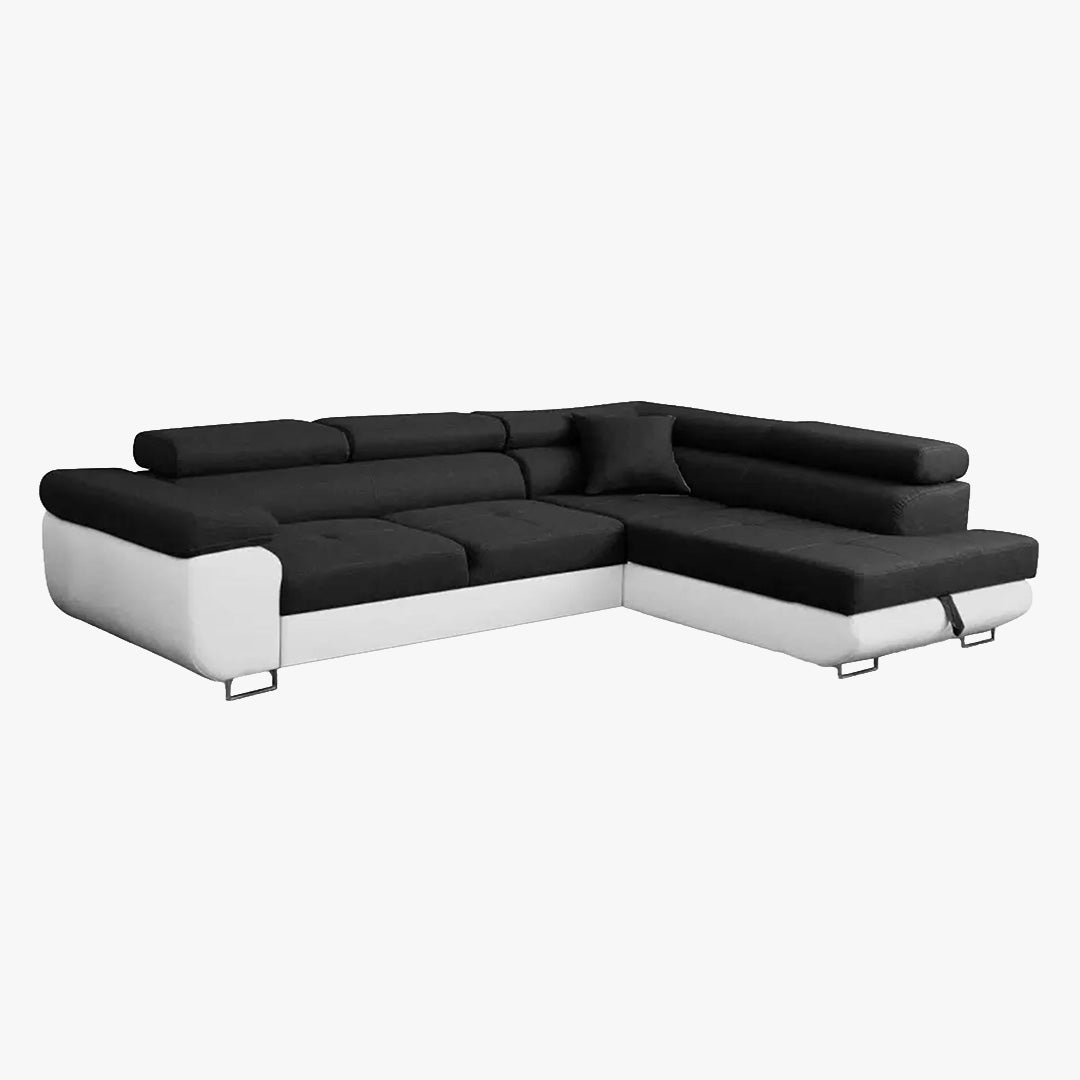 AUBIN Canapé d'angle convertible noir et blanc coffre de rangement - Angle Droit