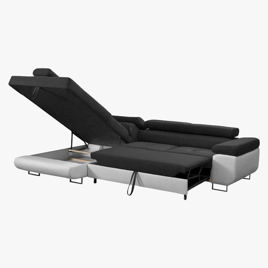 AUBIN Canapé d'angle convertible noir et blanc coffre de rangement - Angle Gauche