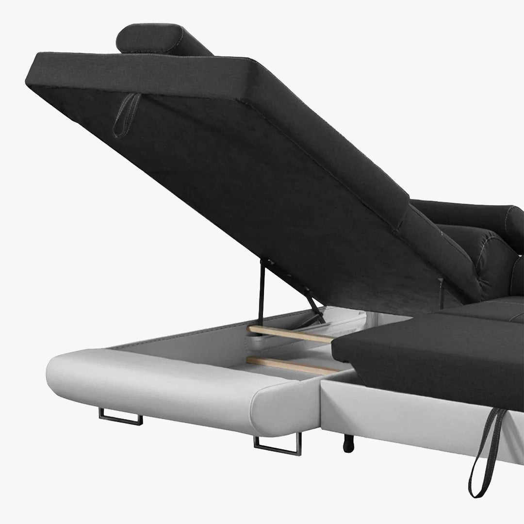 AUBIN Canapé d'angle convertible noir et blanc coffre de rangement - Angle Gauche