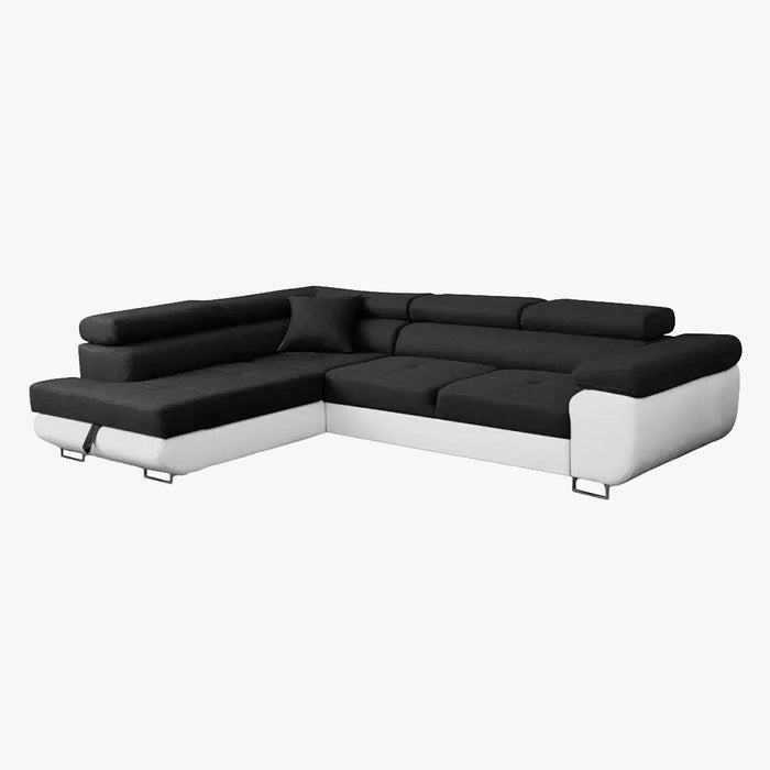 AUBIN Canapé d'angle convertible noir et blanc coffre de rangement - Angle Gauche