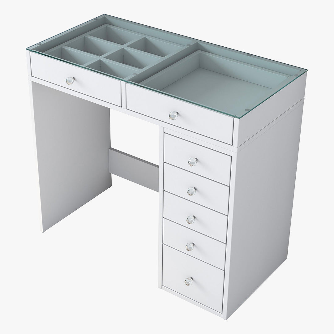 ELORIA Coiffeuse 7 tiroirs blanc avec plateau en verre