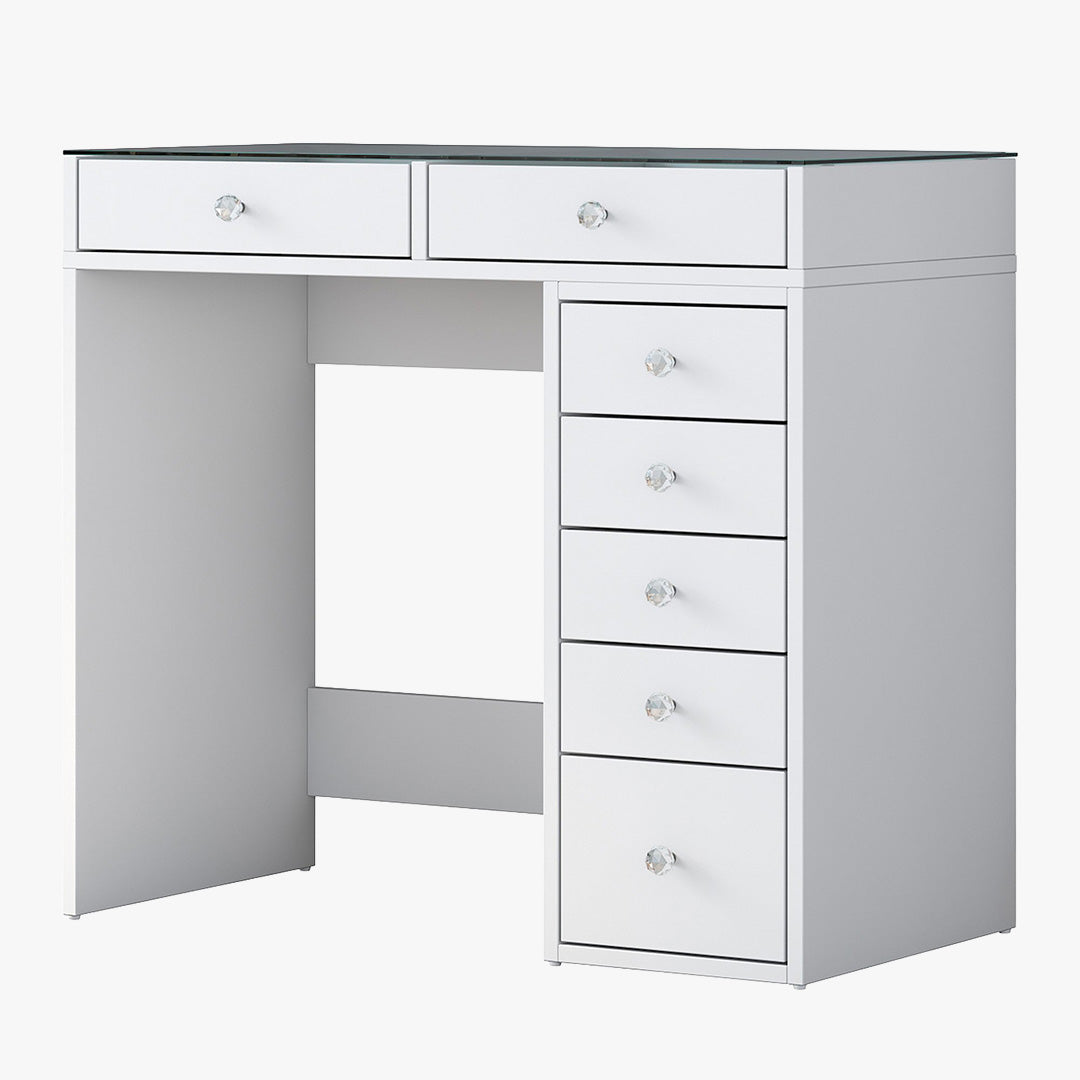 ELORIA Coiffeuse 7 tiroirs blanc avec plateau en verre