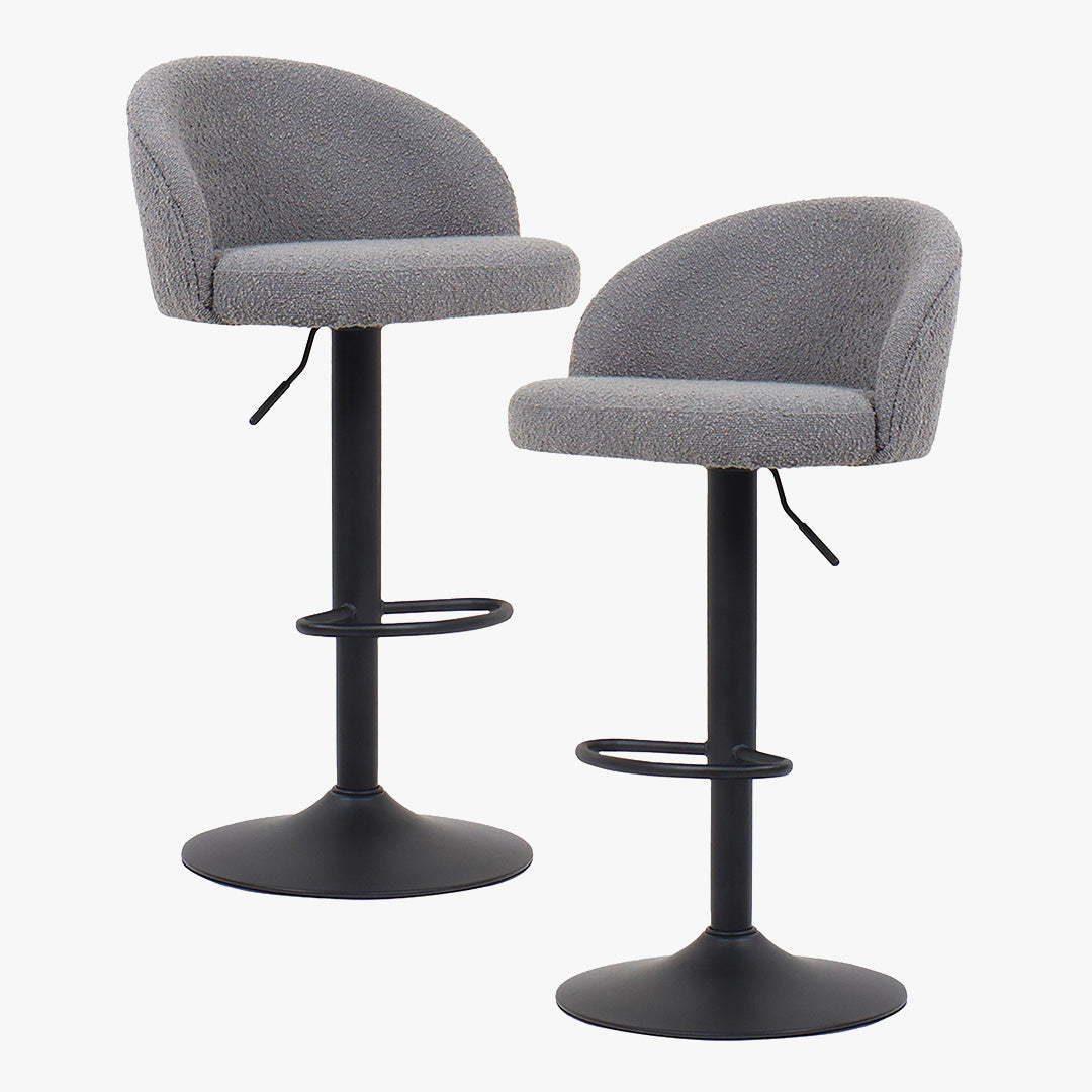 ARIA Lot de 2 tabourets en tissu bouclette gris clair piètement métal noir