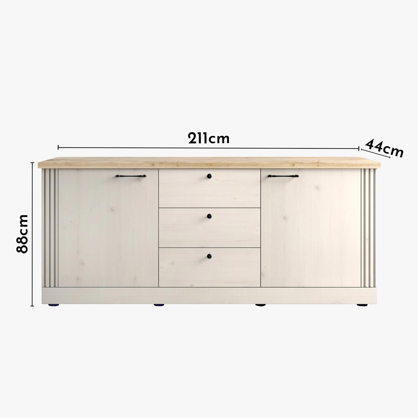 ROMANE Buffet 2 portes 3 tiroirs couleur chêne blanc et bois clair