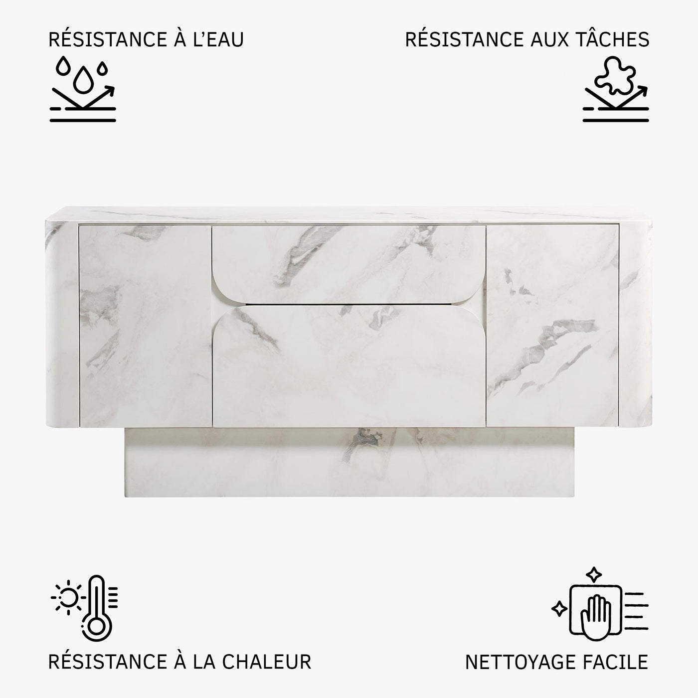 MIRA Buffet enfilade 2 portes 2 tiroirs marbre d'ingénierie blanc