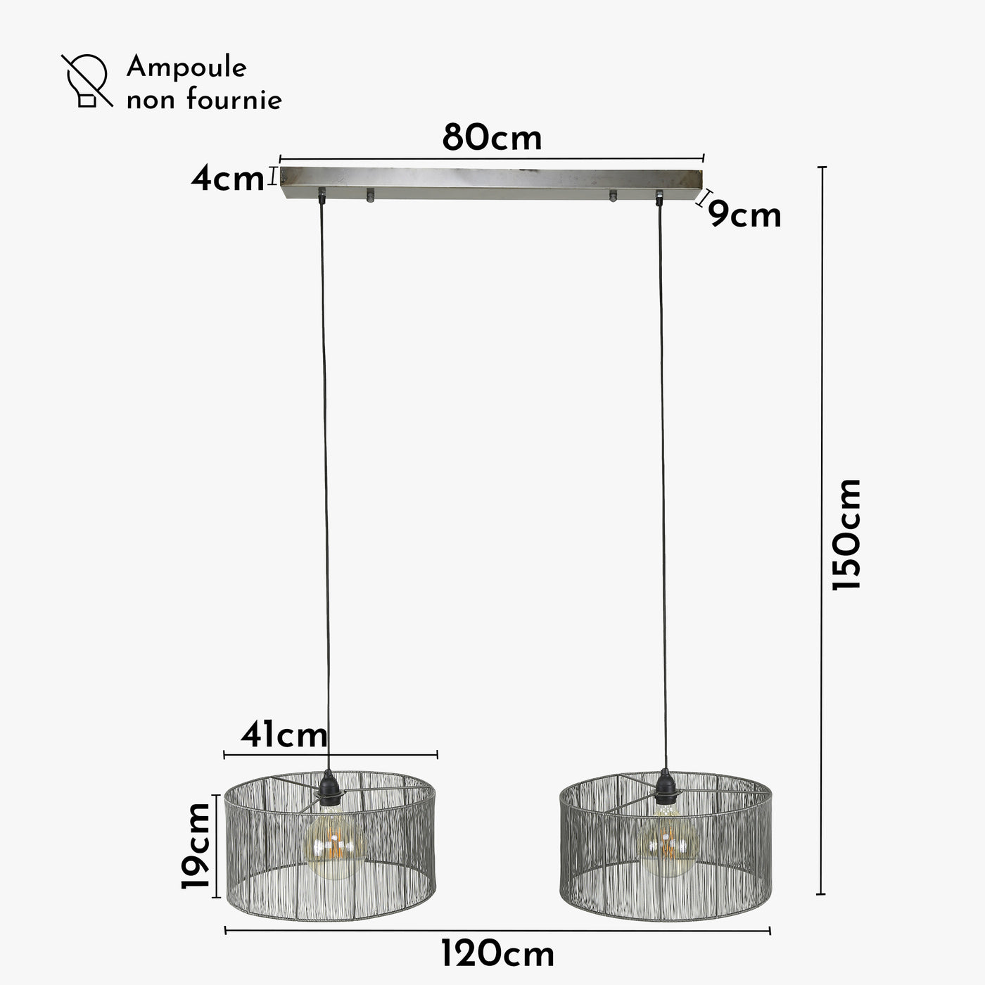 LUMIRA Suspension 2 lampes en métal argenté 120x150 cm