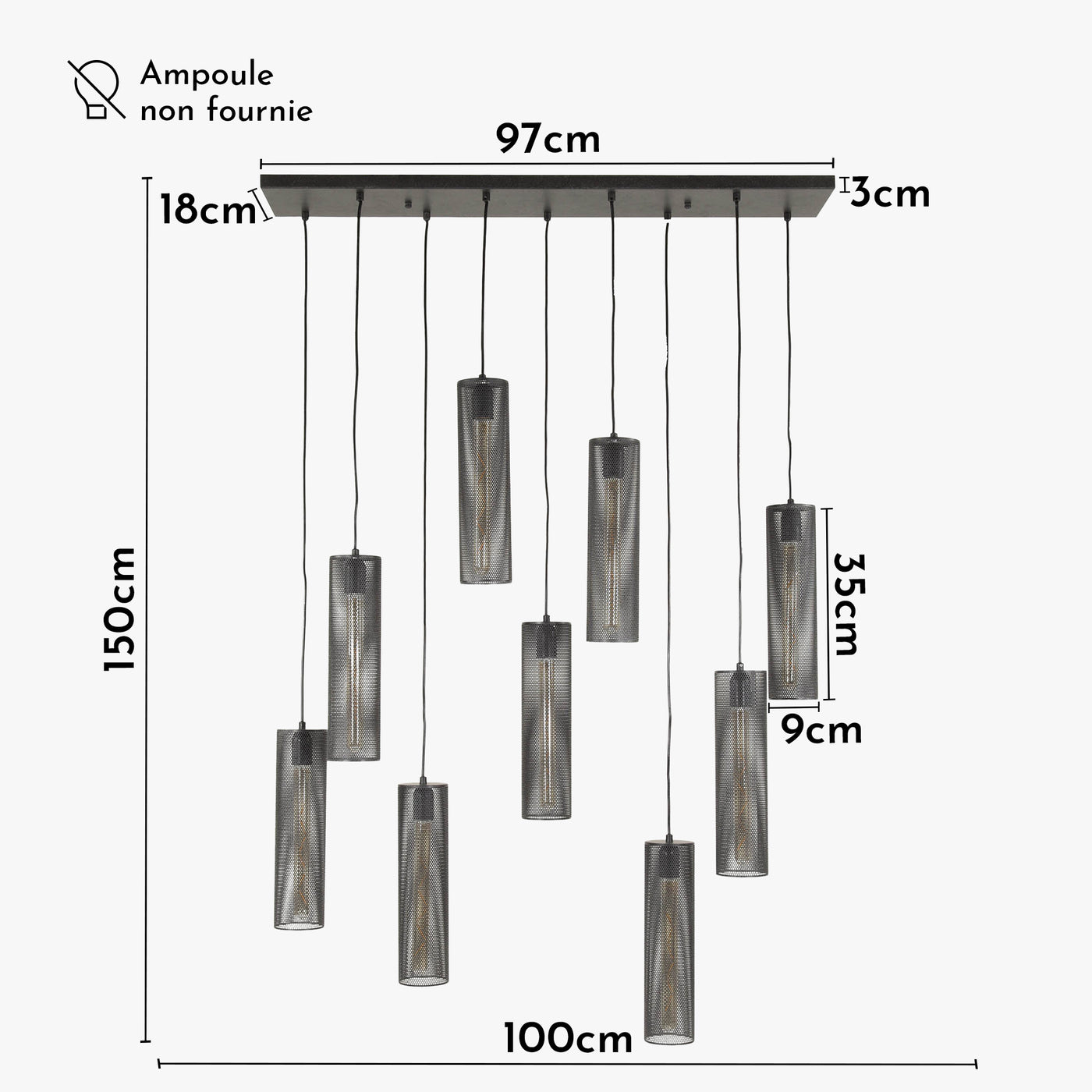 GINO Suspension en tube 9 lampes ajustables en métal noir 100x150 cm