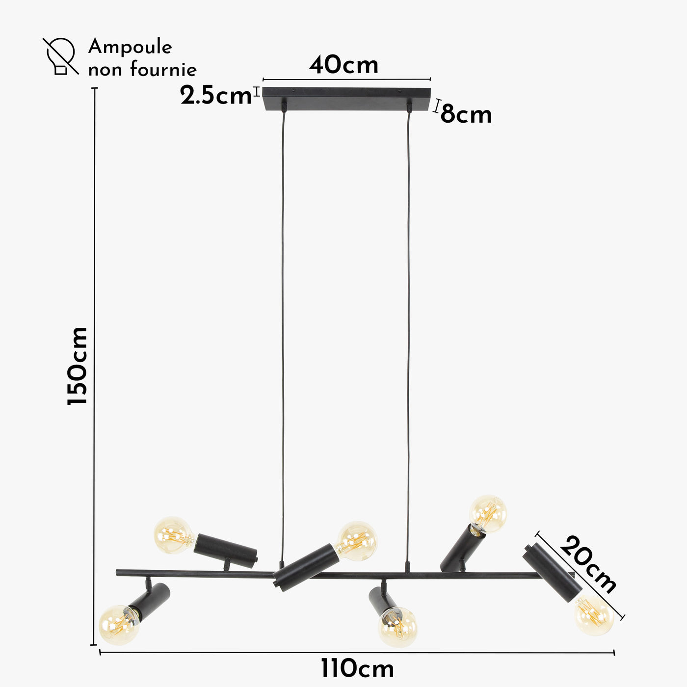 ASTER Suspension 6 lampes pivotantes en métal gris foncé 110x150 cm