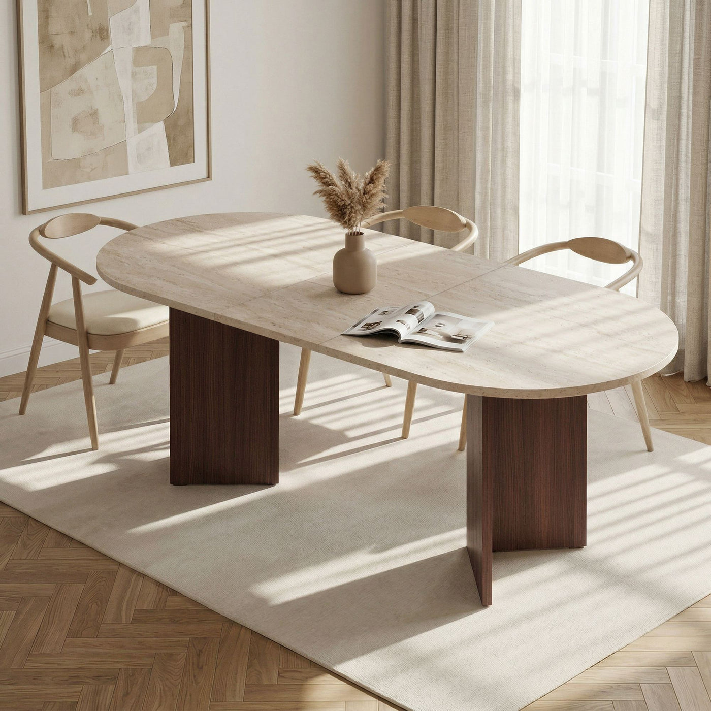 BELORA XL Table à manger extensible ovale couleur beige et bois foncé 160-200 cm