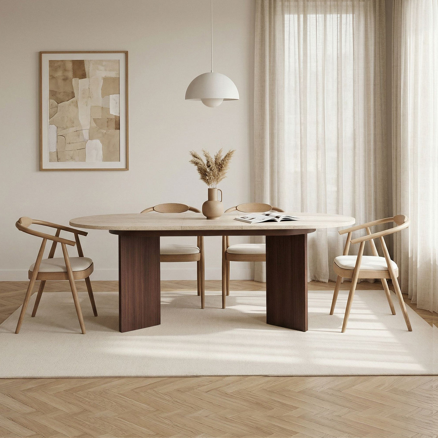 BELORA XL Table à manger extensible ovale couleur beige et bois foncé 160-200 cm