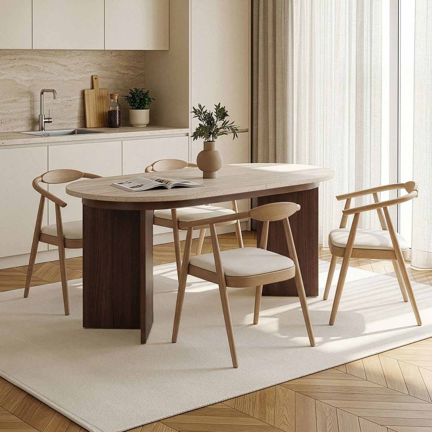 BELORA XL Table à manger extensible ovale couleur beige et bois foncé 160-200 cm
