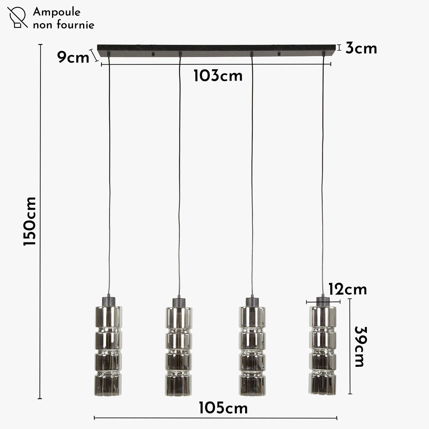 AYLI XL Suspension 4 lampes ajustables en verre fumé et métal noir 105x150 cm